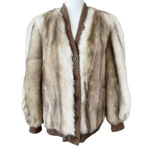 Vintage Lilli Ann Faux Fur Chubby Coat Button Down Knit Jacket White Taupe Brown